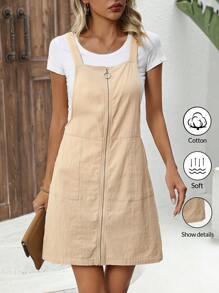 SHEIN LUNE Của phụ nữ Màu thuần Dây kéo Placket Đầm Tổng thể - Màu Khaki - Xem 7