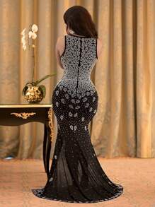 1pc Women's Deep V-Neck Rhinestone Decor High Slit Sleeveless Evening Dress