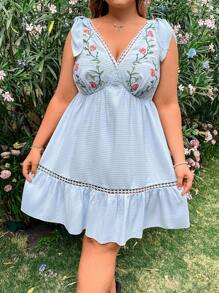 Flirla Rochie Dimensiune Plus Model Floral Cu Tivul Volanat - Albastru - Vizualizare 4