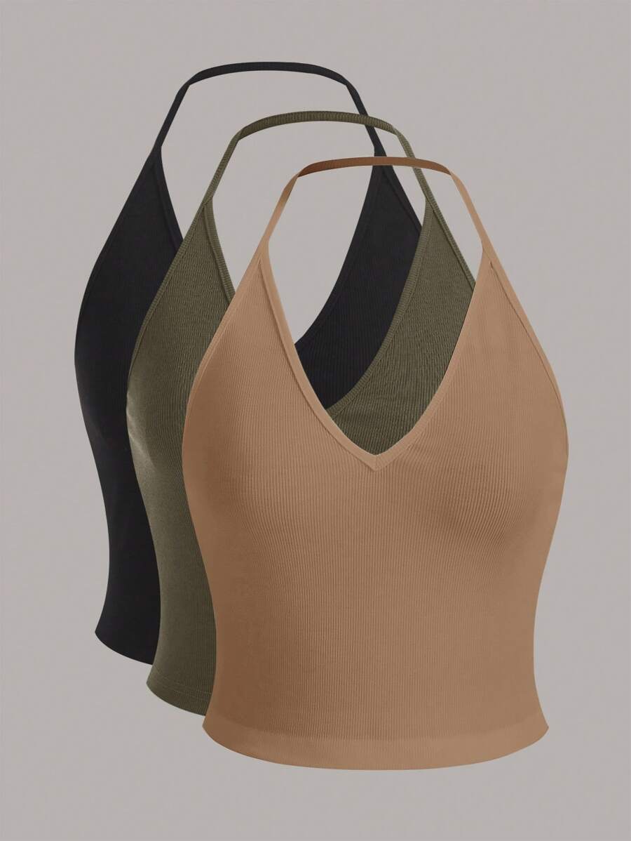 SHEIN EZwear Multicolor Women's Multicolor Knitted Halter Tank Top