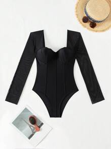 Swim Vcay Costume da bagno con reggiseno a fascia con contrasto di rete, adatto per vacanze, viaggi, festival, piscina, surf, spiaggia estiva