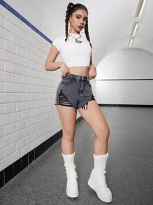 SHEIN Teen Girl Y2k Black Fashionable Cut-Off Denim Shorts, Casual And Versatile, Washed Look,Spring Summer Boho Jeans Shorts - Light Wash - View 4