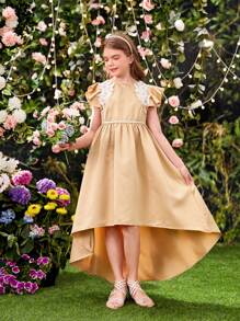 SHEIN 女童圆领不对称下摆连衣裙，荷叶边袖子，肩部有花朵装饰 - 杏色 - 查看 8