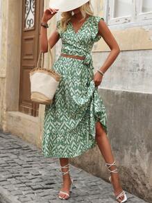 SHEIN VCAY Women's Full Print Wrap Front Tie Top And Skirt Set - Green - View 1