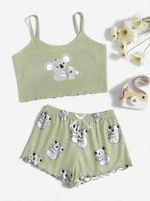 Tween Girl Simple And Cute Koala Printed Tank Top And Shorts Set, Leisure Home Clothes - Green - View 1