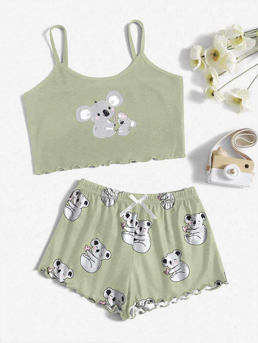 Tween Girl Simple And Cute Koala Printed Tank Top And Shorts Set, Leisure Home Clothes - Green - View 1