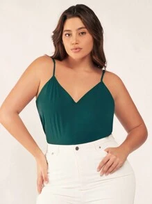 SHEIN BASICS Parte superior de verano tipo camiseta sin mangas de unicolor para tallas grandes - Verde Oscuro - Ver 4