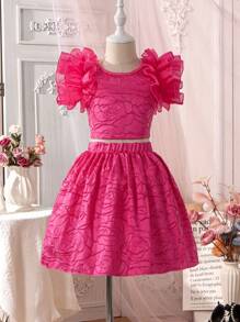 SHEIN Conjunto De Blusa Y Falda Para Niña Joven De Color Sólido Con Ribete De Jacquard Y Volantes