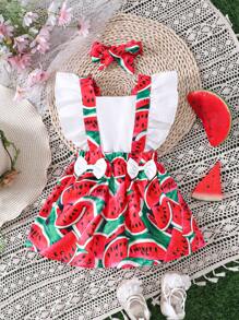 Conjunto de vestido 2 en 1 con volantes en los brazos y estampado de sandía para bebé niña, con diadema - Blanco - Ver 1