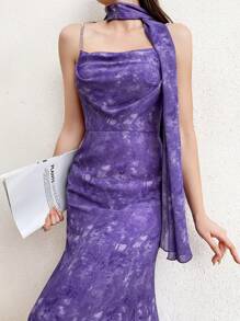 Modelyn 女性連身裙上掛有絲巾,魚尾搖搖帶水染色 - 紫色 - 查看 1