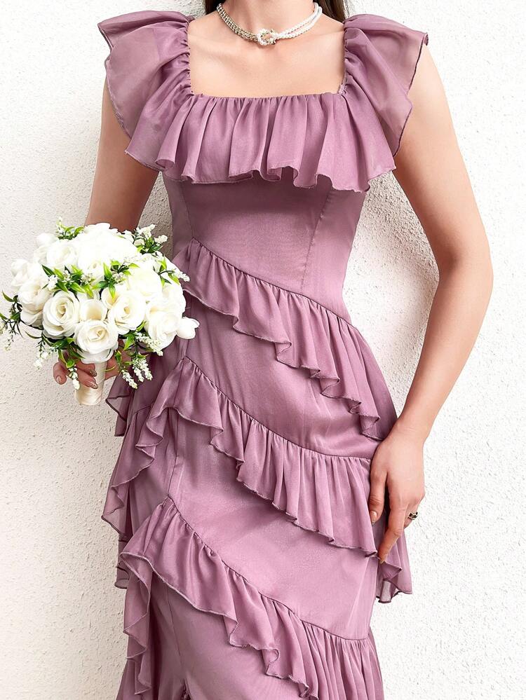 Asymmetric Hem Ruffle & Decor Detail Square Neckline Dress Long Evening Dresses