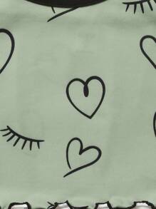青少女極簡風格心形和睫毛印花背心上裝和短褲,帶對比縫邊,休閑2件套家居服裝 - 綠色 - 查看 8