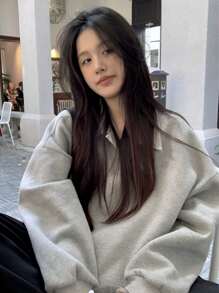 女士宽松版型保暖内衬纯色落肩翻领运动衫 - 淺灰色 - 查看 3