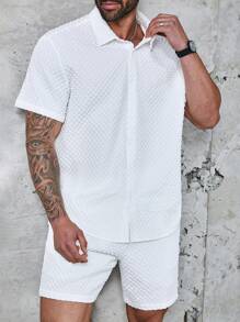 Manfinity Homme Men's Plus Size Solid Color Short Sleeve Shirt And Shorts Set - White - View 4