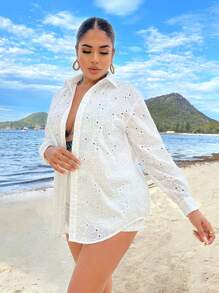 SHEIN SXY 夏季假期海灘白色上衣,鑽孔空心設計 - 白色 - 查看 4