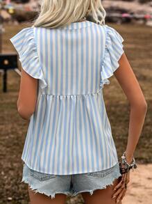 Breezaya 打結領口條紋幾何印花襯衫配褶邊修飾