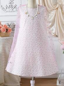 SHEIN Tween Girl Floral Jacquard Backless Dress With Mesh Contrast, Sleeveless