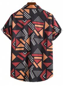男士幾何圖案短袖襯衫 - 黑色 - 查看 2