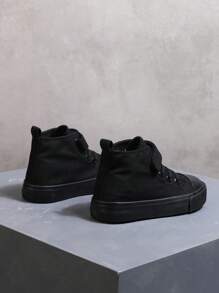 純色中幫舒適兒童帆布鞋平底透氣休閒運動鞋兒童學生 - 黑色 - 查看 5