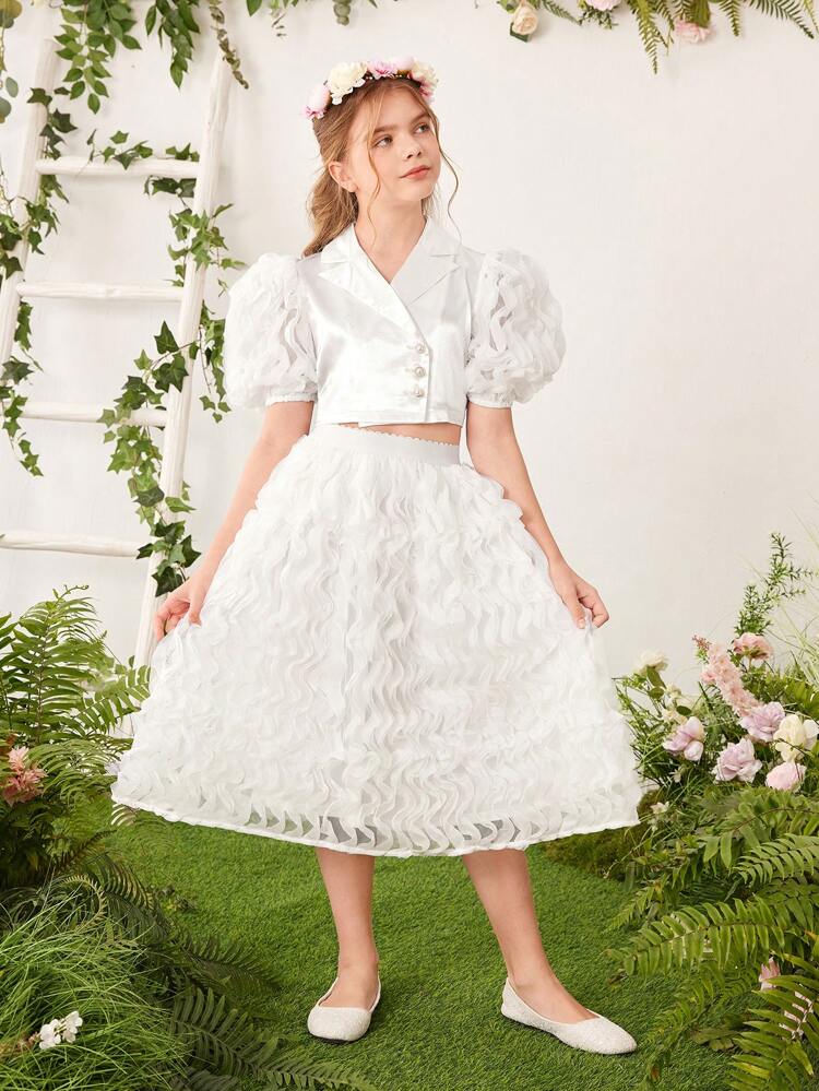 Tween Girl Pearl Button Shirt With Puff Sleeve And Tulle Skirt Two Pieces Set, Spring/Summer