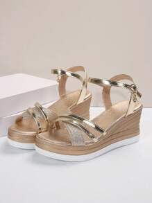 歐美風格大尺碼女香檳色交叉帶厚底坡跟拖鞋,閃亮露趾厚底,休閒時尚戶外沙灘夏季穿著