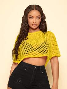 SHEIN SXY Solid Color Hollow Out Round Neck Loose Short Sleeve Top - Yellow - View 6