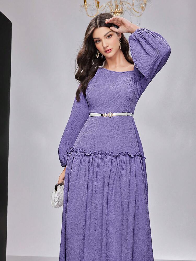 Women's Asymmetrical Neckline Lantern Sleeve Jacquard Dress Long Evening Dresses