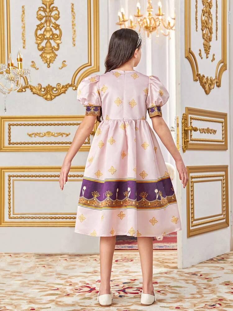 Tween Girls' Cute Floral Printed V-Neck Puff Sleeve Dress