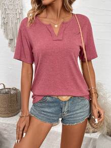 SHEIN LUNE Của phụ nữ Màu thuần Khía Cổ chữ V Ngắn tay Áo thun - Đỏ - Xem 1