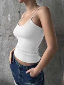 Solid Color Ribbed Knit Slim Fit Camisole Top Tank Tops - White - View 4