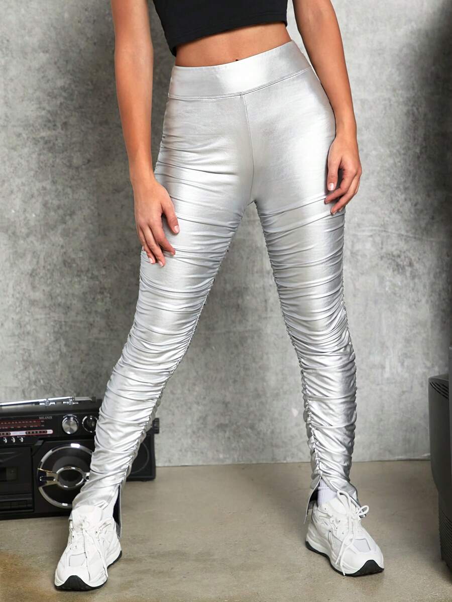 SHEIN 少女彈性PU皮革製褲子，帶有折邊和縫裂裝飾 - 銀色 - 查看 1
