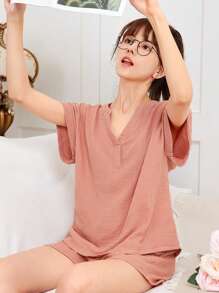 SHEIN 少女短袖襯衫，帶摺邊袖口和V領，配短褲家居休閒套裝 - 粉色 - 查看 5