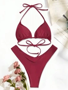 Swim Basics Conjunto de bikini de dos piezas con cuello halter sólido, playa de verano