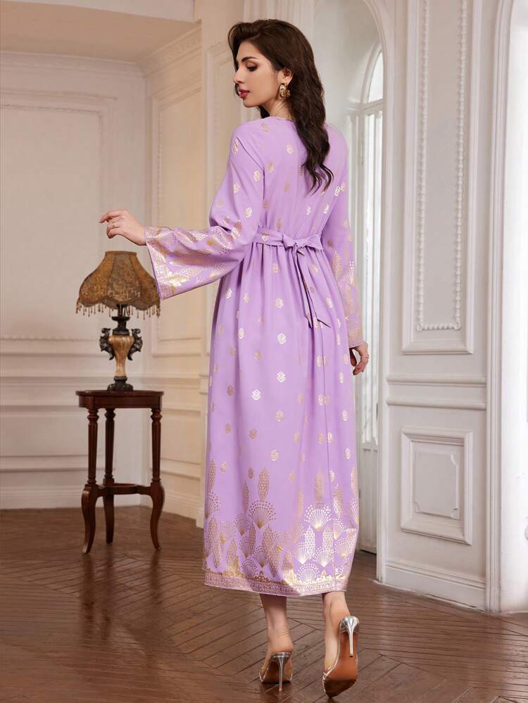 Gold Stamping Printing Square Neckline Cinching Waist Bell Sleeve Dress Fall Cloth For Women