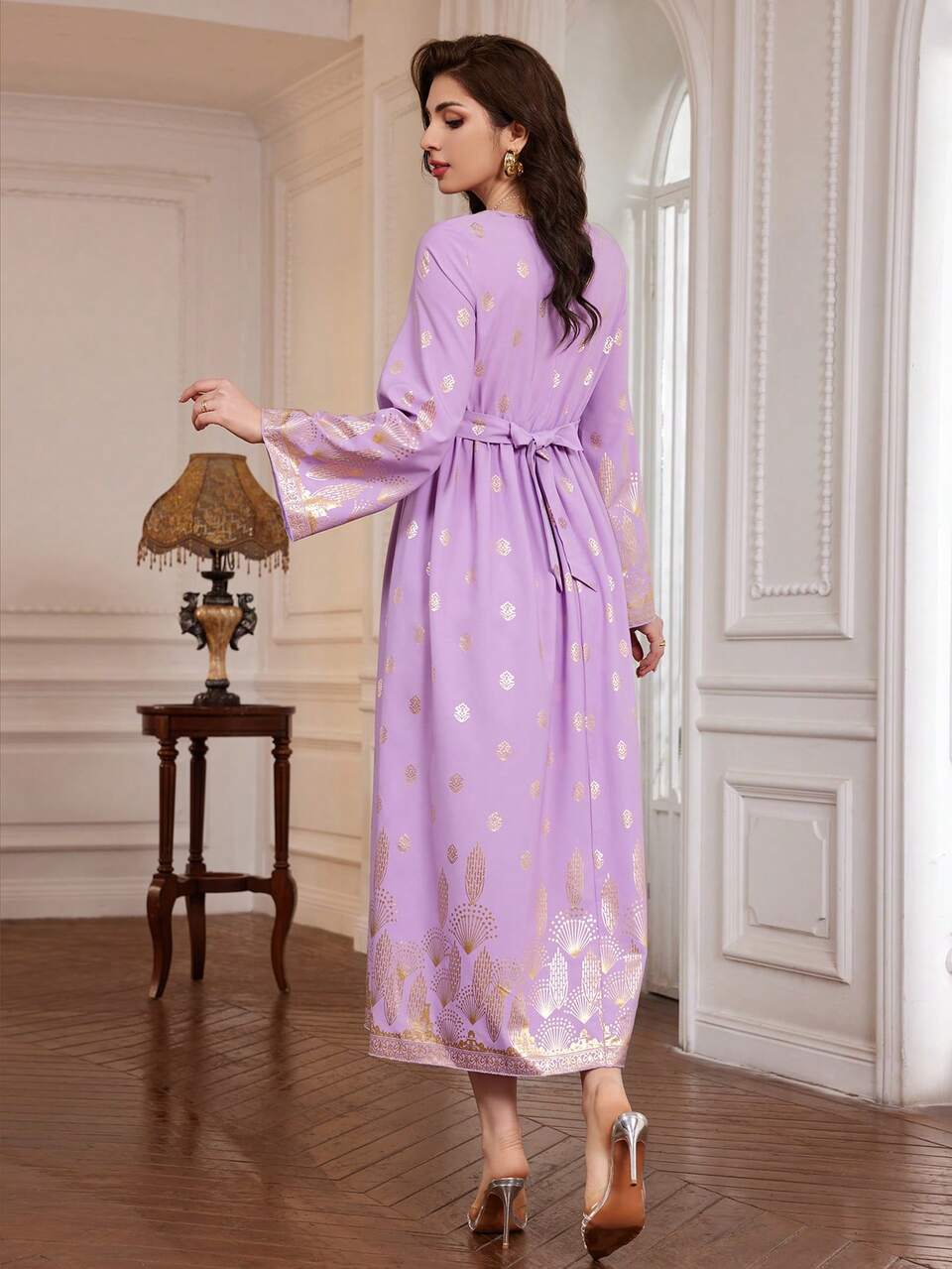 Gold Stamping Printing Square Neckline Cinching Waist Bell Sleeve Dress Fall Cloth For Women
