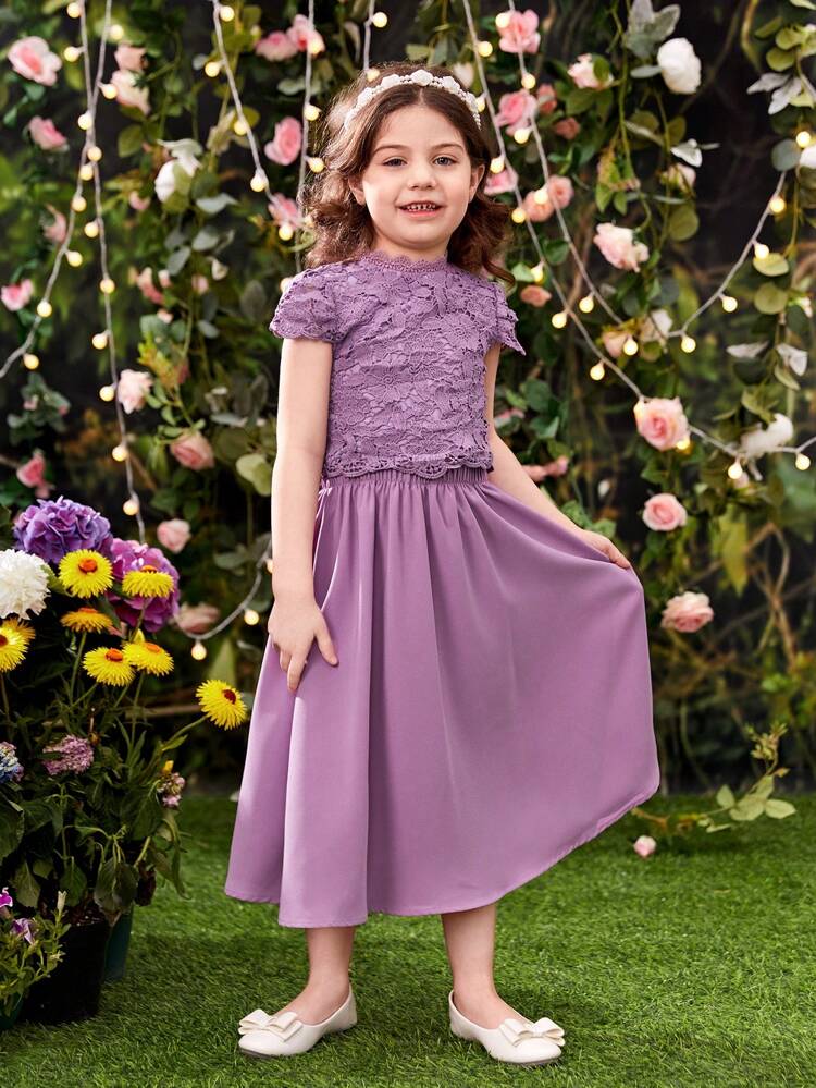Young Girl Short-Sleeved Stand Collar Lace Hem T-Shirt With Back Zipper And Long Skirt Style 2-Piece Set