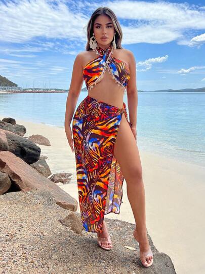 SHEIN SXY Set de două piese, vacanță de vară, la plajă, cu imprimeu leopard, cu franjuri, cu fantură înaltă