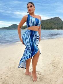 SHEIN SXY Bộ đồ hai mảnh xếp nếp một bên vai nhuộm loang cao xẻ tà - Nhiều màu - Xem 4