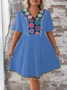 SHEIN Clasi Plus Size Women's Crochet V-Neck Long Dress - Baby Blue - View 1