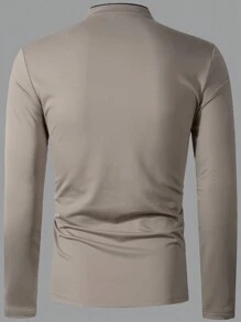 Manfinity Homme 男士彩色领长袖正式工作纽扣 Polo 衫，适合丈夫 - 卡其色 - 查看 2