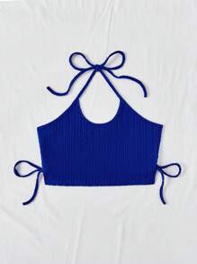 Soleia Holiday Leisure Blue Ribbed Texture Halter Neck Strap Top - Blue - View 3