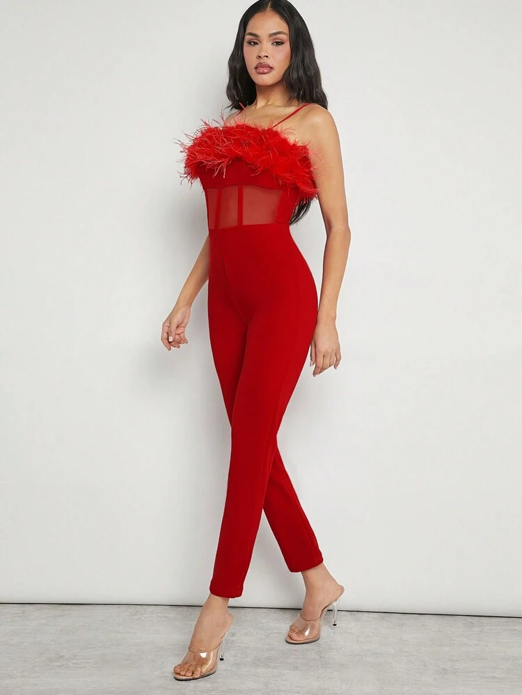 Knit Crape Jumpsuit With Feathers