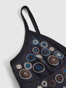 ROMWE Hippie Áo khoác và áo lót dành cho xe tăng nữ Thêu Hoa Giải trí - Màu xanh hải quân - Xem 4