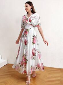 Modelyn Women's Floral Print Batwing Sleeve Dress With Waist Pleats Long Evening Dresses