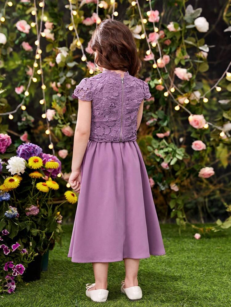 Young Girl Short-Sleeved Stand Collar Lace Hem T-Shirt With Back Zipper And Long Skirt Style 2-Piece Set