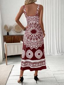 Women's Plant Printed Spaghetti Strap Dress - Brown - View 2