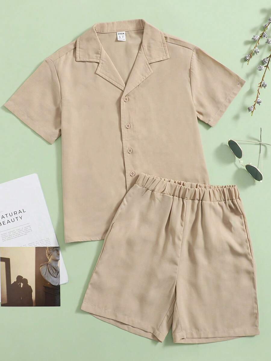 SHEIN 青少年男孩休閒短袖襯衫和短褲套裝,純色編織2件套 - 卡其色 - 查看 1