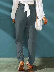 Women's Casual Solid Color Ruffle Waist Slant Pocket Harem Pants - Dark Grey - View 3