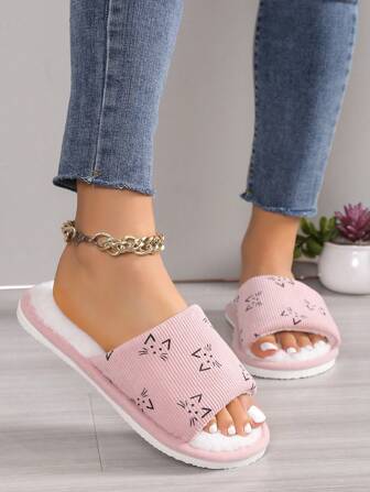 秋冬女士粉色猫咪拖鞋，露趾蓬松家居拖鞋，温暖柔软透气轻便拖鞋，适合所有季节