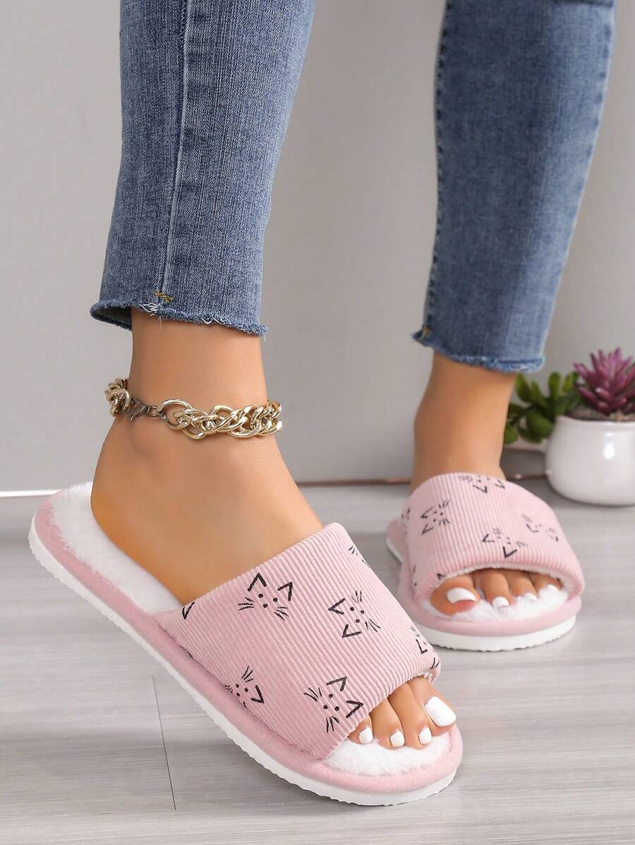 Pantuflas de gato rosa para mujer para otoño/invierno, pantuflas de casa abiertas y esponjosas, pantuflas suaves, cálidas y transpirables, ligeras para todas las estaciones - Rosa - Ver 1
